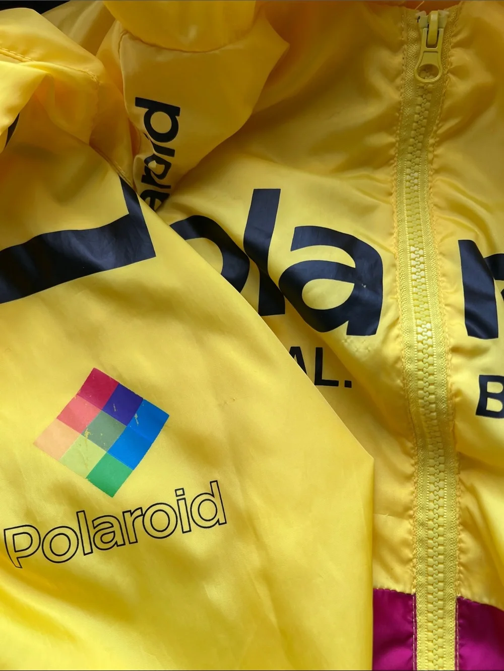 Polaroid Yellow Hooded Windbreaker with Rainbow Stripes size Large